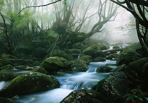 油絵 朝靄の渓流