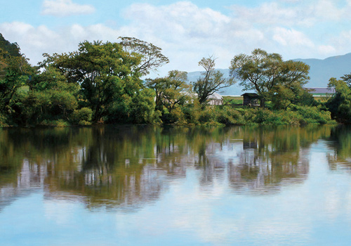 油絵 上品山の見える北上川