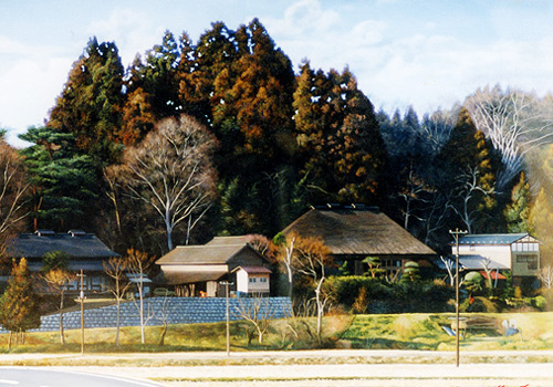 油絵  北上川沿いの民家