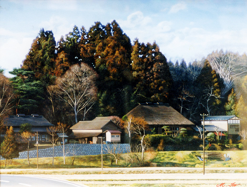伊藤正宏 油絵 P10 「北上川沿いの民家」